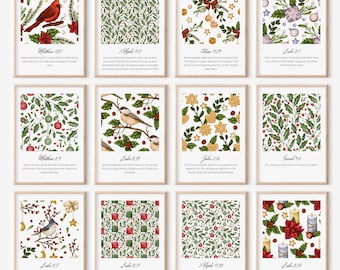 May include: A collection of twelve framed art prints with a festive Christmas theme. Each print showcases illustrations of birds, holly, ornaments, and Bible verses. The prints feature a range of colours, including red, green, and gold.