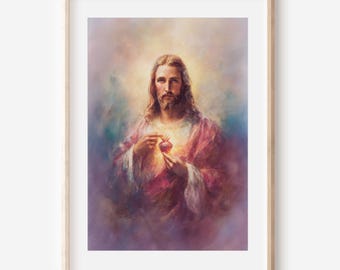 Sacred Heart of Jesus Art Printable, Catholic Devotional Wall Art, Divine Mercy & Love Portrait, Holy Christ Painting, Religious Download