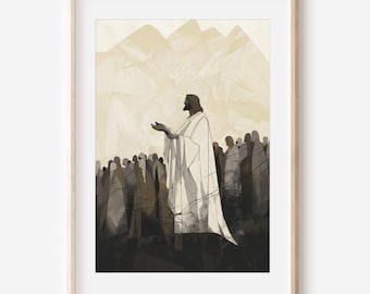 Sermon on the Mount Art Print | Jesus Teaching the Multitude Illustration | Christian Wall Decor | LDS Scripture Digital Download