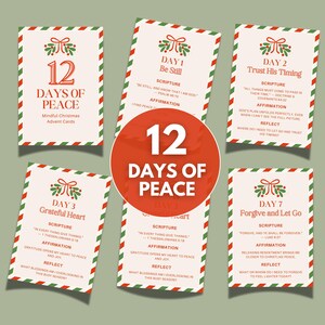 May include: A set of 12 Days of Peace mindful Christmas advent cards. Each card features a daily theme with scripture, affirmation, and reflection prompts. The cards have a festive design with red and green accents.