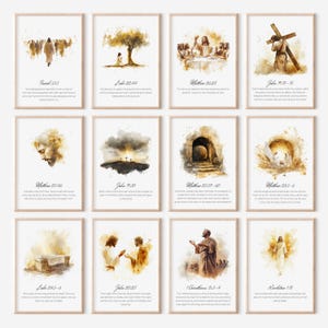 Può includere: Un set di dodici stampe artistiche incorniciate con illustrazioni ad acquerello e testo. Le immagini raffigurano scene religiose, tra cui figure, paesaggi e versetti biblici. Le cornici sono di colore legno chiaro.