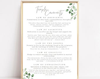 LDS Temple Covenants Print with Greenery, Temple Wall Art Printable Digital Download, Missionary Temple Gift