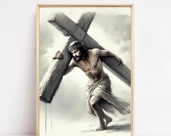 Jesus Carrying the Cross Watercolor Print | Christian Crucifixion Art | Biblical Wall Decor | Jesus Passion Painting Digital Download