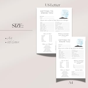 May include: Two white printable "Getting to Know You" questionnaires, one US Letter size and one A4 size, with fill-in-the-blank sections for favorite things and gift preferences. The top right corner features a small illustration and the text "For with God nothing shall be impossible."