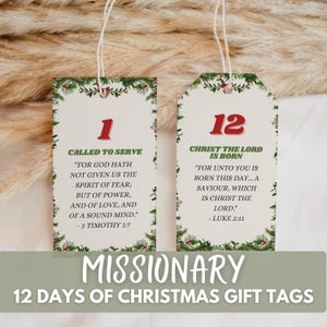 May include: Two rectangular gift tags with white backgrounds and green pine branch borders. The left tag features the number 1, the text CALLED TO SERVE, and 2 Timothy 1:7. The right tag features the number 12, CHRIST THE LORD IS BORN, and Luke 2:11.
