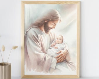 May include: A framed watercolor print depicts a figure with long hair and a beard holding a baby wrapped in a white blanket. The artwork is in soft, muted tones, with a warm, natural wood frame. The image evokes a sense of peace and serenity.