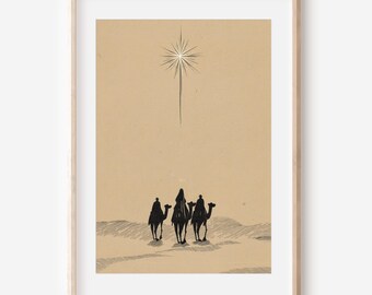 Three Wise Men Art Print | Minimalist Magi & Star of Bethlehem Illustration | Beige Christian Christmas Wall Decor | Digital Download