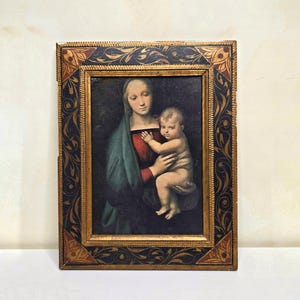 Tableau Vierge à l'Enfant d'après Raphaël – Cadre Florentin Doré Ancien en Bois – Icône Religieuse Vintage – Art Chrétien
