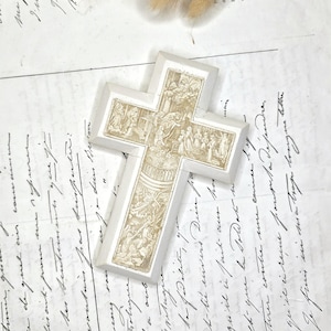 Antique Plaster Religious Wall Cross - Christian Scenes Decor - Sacred Art - Devotional Object - Vintage French Decoration