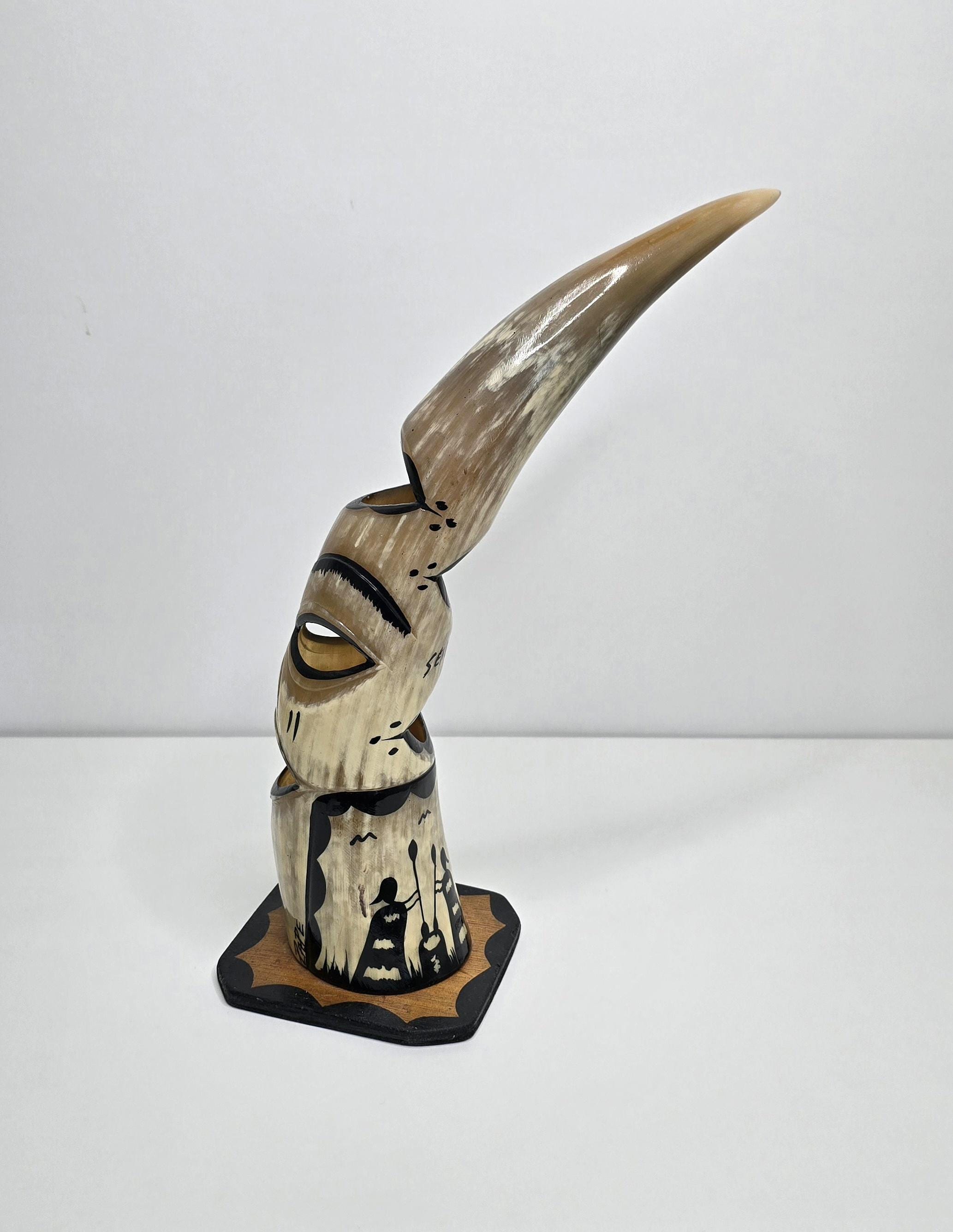 Hand-carved and Painted Buffalo Horn - Senegalese Craftsmanship