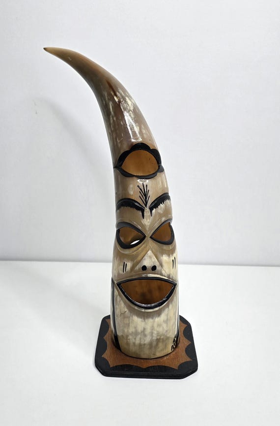 Hand-carved and Painted Buffalo Horn - Senegalese Craftsmanship