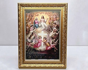 Religious Painting in Antique Style - "The Last Judgment" - Catechism in Pictures - Gilded Baroque Frame - Christian Sacred Art