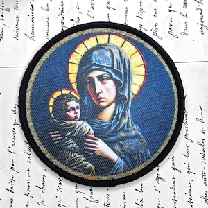 Écusson Vierge à l'Enfant Brodé - Patch Tactique Madone 8cm avec scratch Complet - Icône Religieuse