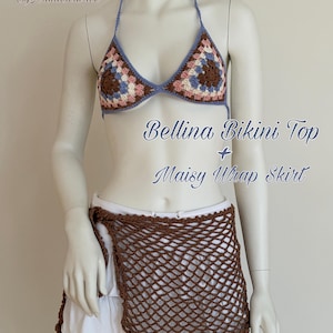 May include: A crochet pattern bundle by ArinaBeatrice featuring the Bellina Bikini Top and Maisy Wrap Skirt. The bikini top is a triangle style with a brown, pink, and blue granny square pattern. The wrap skirt is a brown open-work crochet mesh.