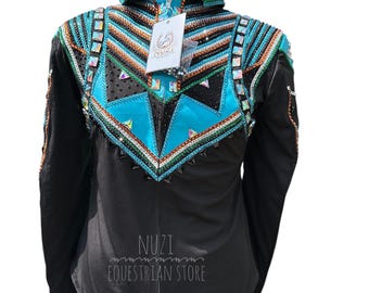 Aangepast turkoois zwart showshirt | Strass wedstrijdshirt ruitersport