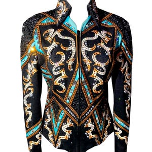 May include: Black equestrian show jacket with turquoise and gold detailing. The jacket has elaborate rhinestone and embellishment patterns. The collar and front panels are trimmed with turquoise. Designed for equestrian events.