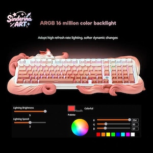 Könnte beinhalten: Eine weiße und rosa Tastatur mit ARGB-16-Millionen-Farben-Hintergrundbeleuchtung. Die Tastatur hat ein Fuchsmotiv mit hoher Bildwiederholfrequenz und dynamischen Lichtwechseln. Sie verfügt über eine Farbpalette mit einstellbarer Helligkeit und Geschwindigkeit.
