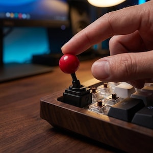 Puede incluir: Primer plano de un teclado mecánico con marco de madera. Un joystick rojo está en el centro, con un dedo tocando la bola roja. El teclado tiene teclas negras y blancas e interruptores transparentes.