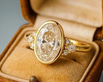 Ovale moissaniet verlovingsring, ring set ovale ring, geelgouden diamanten accentring, vintage stijl beloftering, minimalistische bruidsring