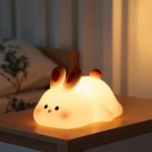 Puede incluir: Una suave y brillante luz de noche con forma de conejito. La luz es blanca con orejas marrón-rojizas y una pequeña cola roja. El conejito tiene mejillas rosadas y una carita sonriente. Se encuentra sobre una superficie de madera.