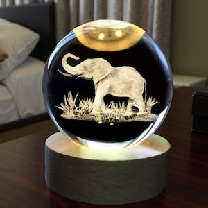 May include: A clear glass sphere with an etched elephant design, illuminated from below and above. The elephant is standing in a grassy area against a black background. The sphere sits on a light-colored wooden base.