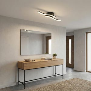 May include: A modern hallway with a light wood console table with black metal legs, a large rectangular mirror, and a contemporary ceiling light. The room has neutral walls and a grey tiled floor. The ceiling light is 60 cm long.