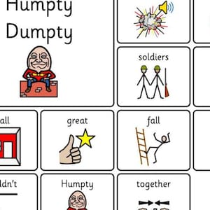 May include: A colorful educational poster featuring the nursery rhyme "Humpty Dumpty." The image includes illustrations of Humpty Dumpty, soldiers, a horse, and other related imagery. The text is clear and easy to read.