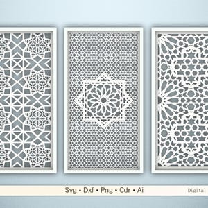 May include: Three framed white laser-cut panels with intricate geometric patterns. The panels feature star and floral designs on a gray background. The bottom of the image includes the text "Svg • Dxf • Png • Cdr • Ai" and "Digital files."
