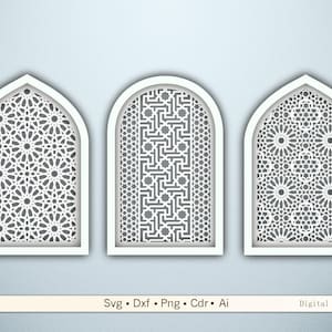 May include: Three white arched panels with intricate geometric patterns. The panels are set against a light blue background. The bottom of the image contains the text "Svg • Dxf • Png • Cdr • Ai" and "Digital files".