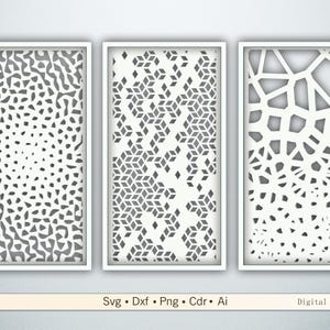 May include: Three white rectangular panels with intricate cut-out designs. The panels feature different patterns: organic shapes, geometric diamonds, and a web-like design. The panels are framed in white and the bottom of the image has text that reads "Svg • Dxf • Png • Cdr • Ai Digital files."