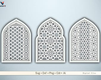 Arcos árabes para janelas e desenhos de Mihrab - Arquivos de corte a laser/CNC para decoração de casa e casamento.