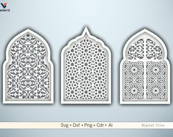 Arquivos instantâneos de arcos e janelas árabes - DXF, SVG, PNG para projetos de corte a laser/CNC