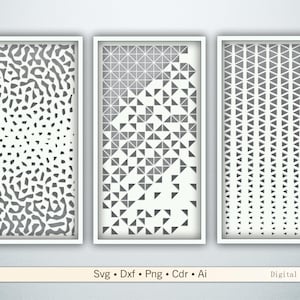 Puede incluir: Tres paneles de arte mural enmarcados con diseños geométricos. Cada panel presenta un marco blanco con un patrón gris y blanco. Los patrones incluyen formas orgánicas, triángulos y líneas verticales. La parte inferior de la imagen incluye el texto "Svg • Dxf • Png • Cdr • Ai" y "Digital files".