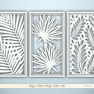 Puede incluir: Tres paneles de arte mural enmarcados en blanco con intrincados diseños recortados de hojas tropicales. Los paneles presentan diferentes patrones de hojas, incluyendo hojas de palma y follaje estilizado. La parte inferior de la imagen incluye el texto "Svg • Dxf • Png • Cdr • Ai" y "Digital files".