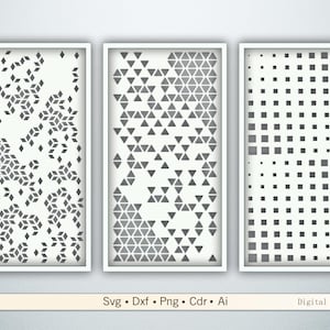 Könnte beinhalten: Drei weiß gerahmte Wandkunst-Paneele mit geometrischen Designs. Die Paneele zeigen ausgeschnittene Muster aus Rauten, Dreiecken und Quadraten in Grautönen. Der untere Teil des Bildes enthält den Text "Svg • Dxf • Png • Cdr • Ai" und "Digital files".