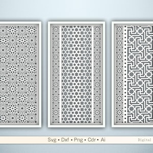 May include: Three framed panels featuring detailed grey and white geometric patterns. The designs include floral, star, and linear motifs. The bottom of the image displays text: Svg • Dxf • Png • Cdr • Ai Digital files.