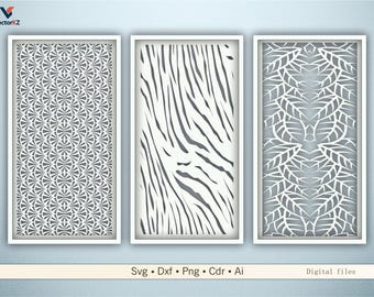 Zebra Line & Leaf Panels Set | 3 moderne Laser Cut Designs DXF SVG PNG