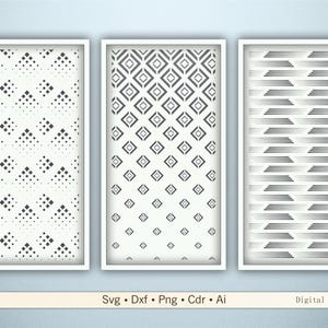 May include: Three framed digital art prints with geometric patterns. The prints feature white backgrounds with black and gray designs, including diamond and triangle shapes. The bottom of the image includes the text "Svg • Dxf • Png • Cdr • Ai" and "Digital files".