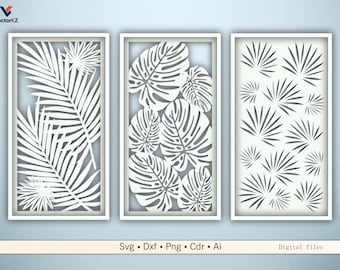 Palmen- und Monstera-Blatt-Panels für Laser CNC - svg Dxf Png-Dateien für das Dekor