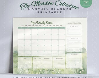 Il mio riavvio mensile / Agenda mensile stampabile / Agenda botanica in PDF / Download immediato / Calendario mensile senza data / Collezione The Meadow