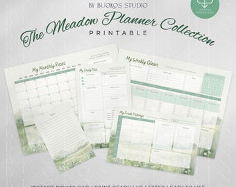 Set di agende Meadow Collection / Verde salvia / Agenda estetica / Agenda mensile, settimanale e giornaliera senza date / Agenda stampabile