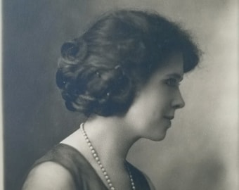 Vintage 1930s Sepia Portrait Photograph, Woman with Pearls