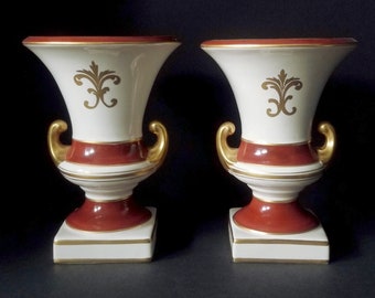 Pair of Porcelain urn vases, gold and dark rust, footed vases, mid century vases