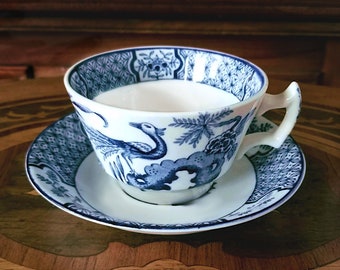 Wood and Sons Yuan cup and saucer, English teacup set, No. 656368, coffee cup, blue pheasant, chinoiserie blue and white