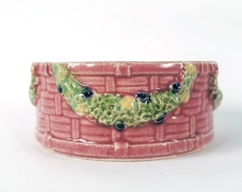 Antique vintage  planter, rose garland basket weave round planter, vintage small planter