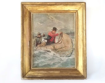 Antique gold frame, photolithograph canvas, Trappers in a Canoe, 1920s, Arthur Hutchins, birchbark canoe
