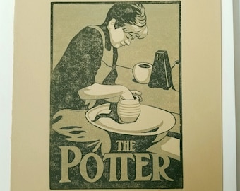 Vintage woodblock print, The Potter, Laura Wilder print, Roycroft Master Artisan limited edition woodcut print