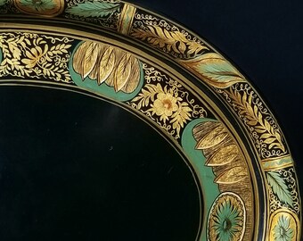 Gold oval tole tray, 14" x 17" vintage  hand decorated tray, black and gold tray, oval tole tray