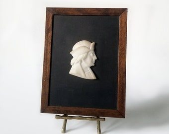 Antique cameo, Framed hand carved alabaster bas-relief profile portrait, Grand tour, Renaissance figure