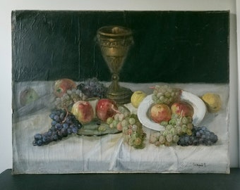 Vintage oil painting still life, Large still life, fruit still life painting, large fruit still life